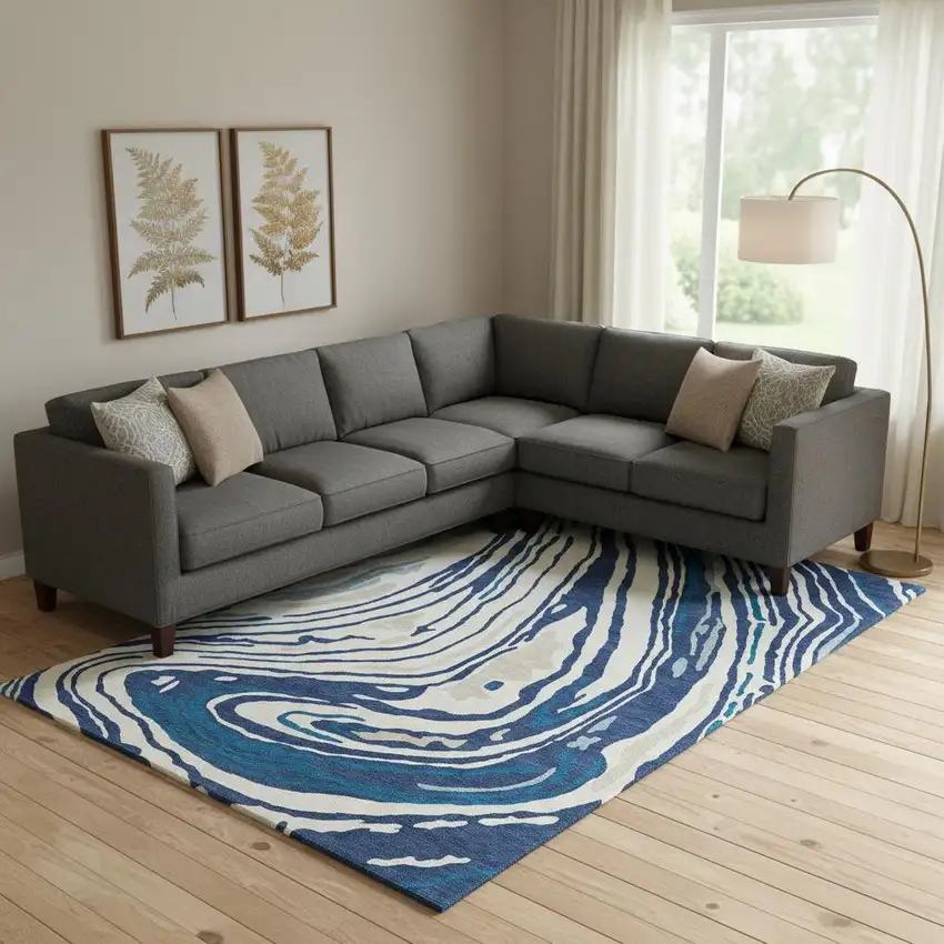 Navy Blue Ivory And Beige Abstract Washable Area Rug With UV Protection Photo 2