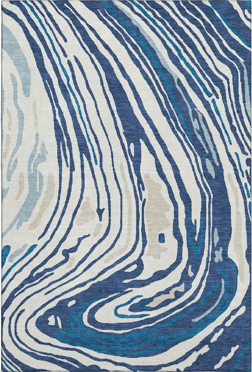 Navy Blue Ivory And Beige Abstract Washable Area Rug With UV Protection Photo 1