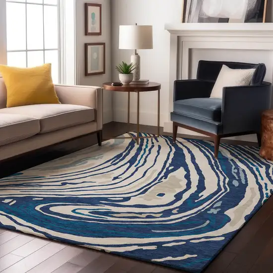 Navy Blue Ivory And Beige Abstract Washable Area Rug With UV Protection Photo 4