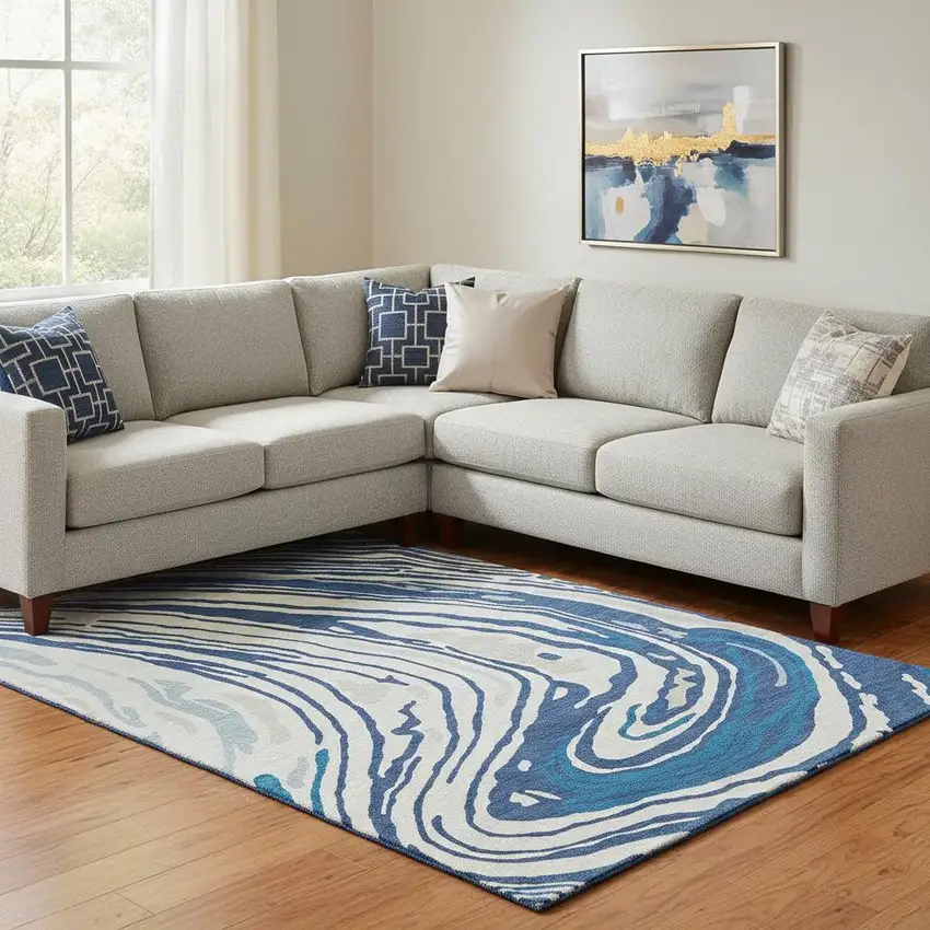 Navy Blue Ivory And Beige Abstract Washable Area Rug With UV Protection Photo 2