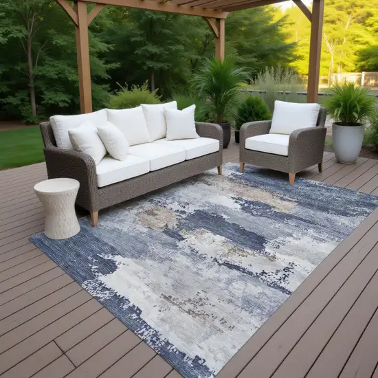 Navy Blue Ivory And Beige Abstract Washable Indoor Outdoor Area Rug Photo 5