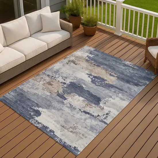 Navy Blue Ivory And Beige Abstract Washable Indoor Outdoor Area Rug Photo 2