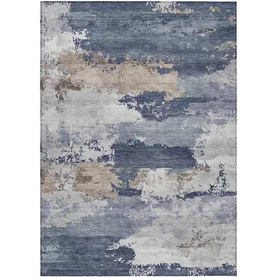 Navy Blue Ivory And Beige Abstract Washable Indoor Outdoor Area Rug Photo 9