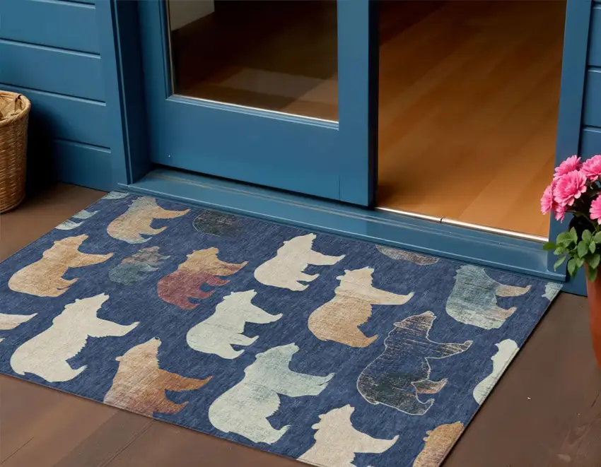 Navy Blue Ivory And Beige Animal Print Washable Indoor Outdoor Area Rug Photo 1