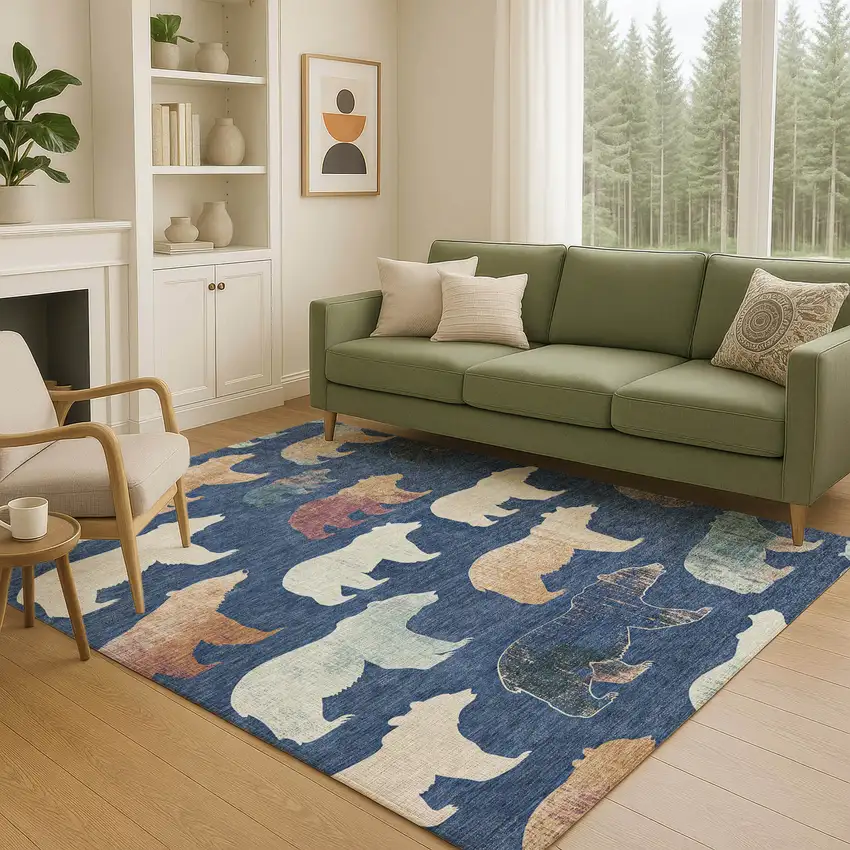 Navy Blue Ivory And Beige Animal Print Washable Indoor Outdoor Area Rug Photo 8