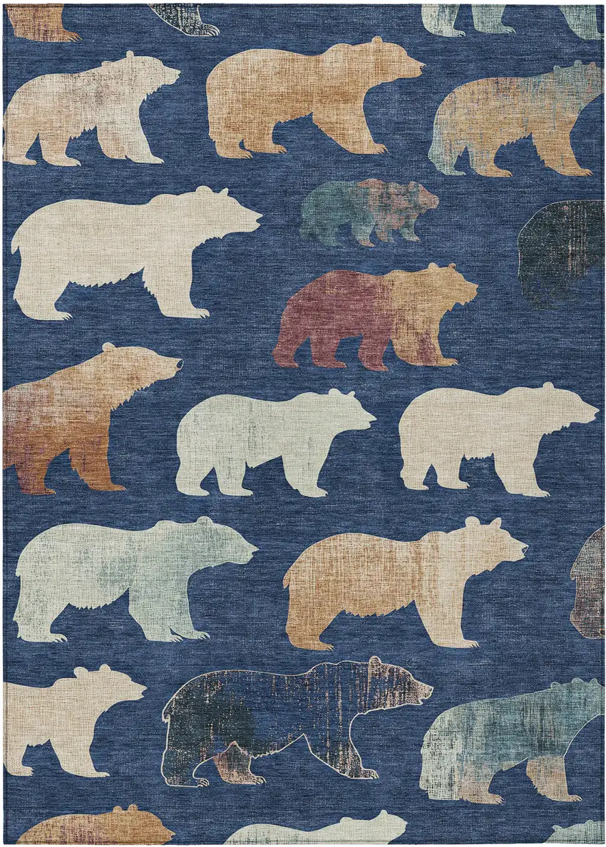 Navy Blue Ivory And Beige Animal Print Washable Indoor Outdoor Area Rug Photo 2