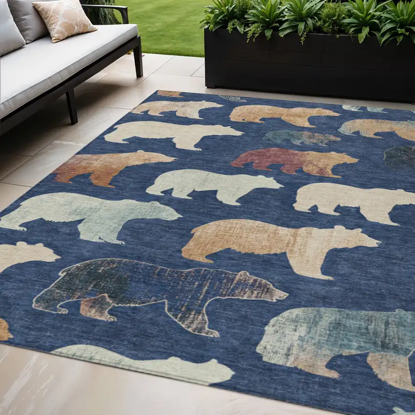 Navy Blue Ivory And Beige Animal Print Washable Indoor Outdoor Area Rug Photo 1