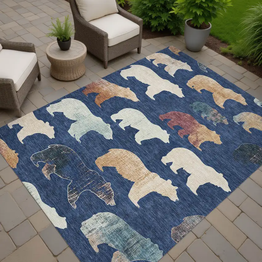 Navy Blue Ivory And Beige Animal Print Washable Indoor Outdoor Area Rug Photo 7