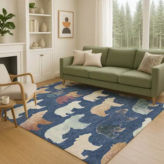 Navy Blue Ivory And Beige Animal Print Washable Indoor Outdoor Area Rug Photo 8