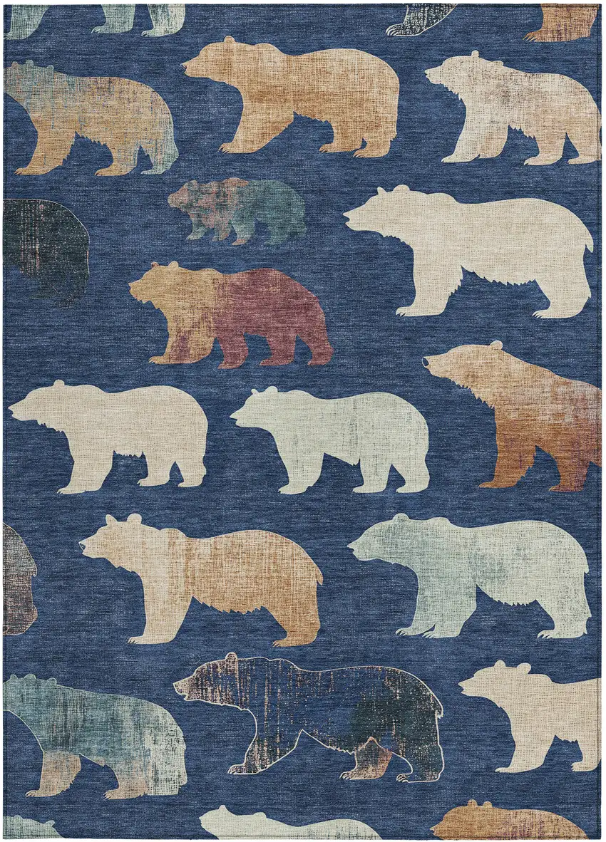 Navy Blue Ivory And Beige Animal Print Washable Indoor Outdoor Area Rug Photo 4