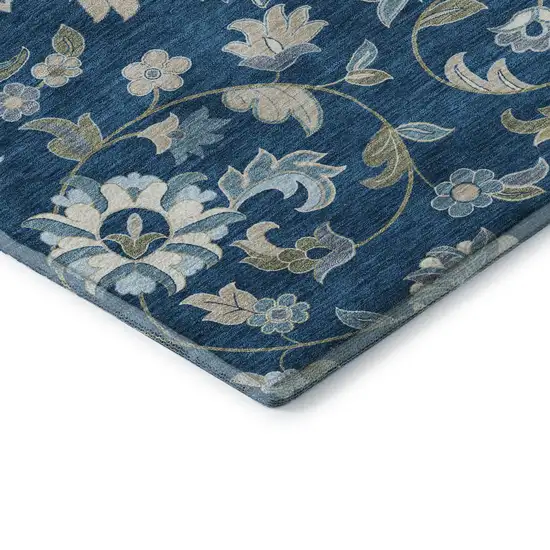 Navy Blue Ivory And Beige Floral Washable Area Rug With UV Protection Photo 7