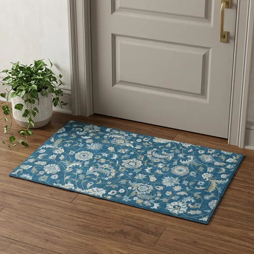 Navy Blue Ivory And Beige Floral Washable Area Rug With UV Protection Photo 1