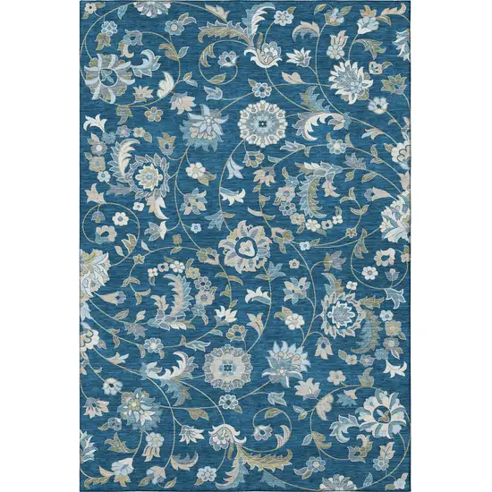 Navy Blue Ivory And Beige Floral Washable Area Rug With UV Protection Photo 3