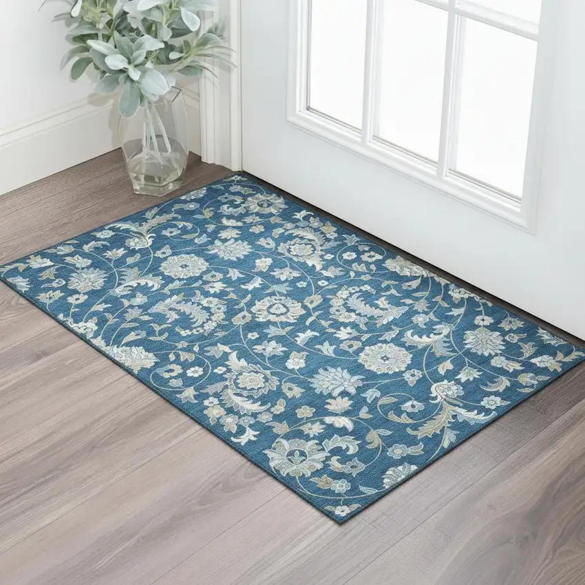 Navy Blue Ivory And Beige Floral Washable Area Rug With UV Protection Photo 2