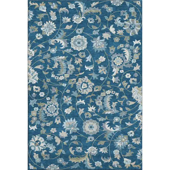 Navy Blue Ivory And Beige Floral Washable Area Rug With UV Protection Photo 1