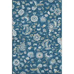 Photo of Navy Blue Ivory And Beige Floral Washable Area Rug With UV Protection