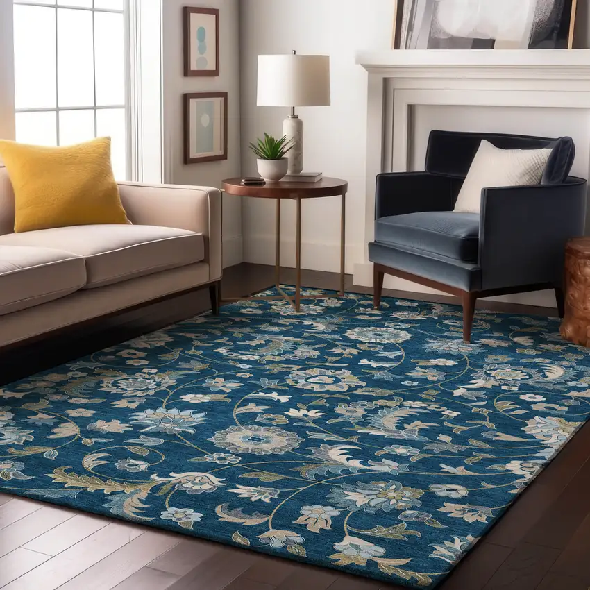 Navy Blue Ivory And Beige Floral Washable Area Rug With UV Protection Photo 4