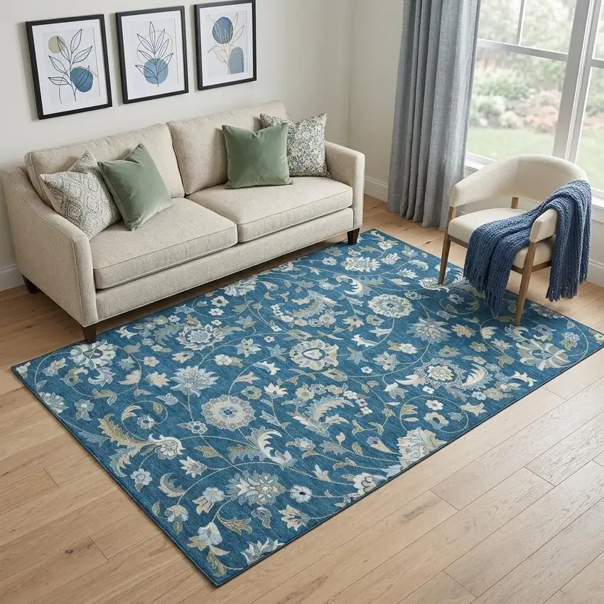 Navy Blue Ivory And Beige Floral Washable Area Rug With UV Protection Photo 1