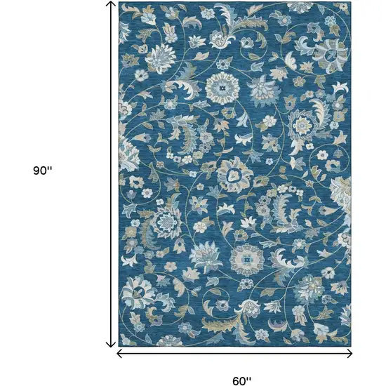 Navy Blue Ivory And Beige Floral Washable Area Rug With UV Protection Photo 7