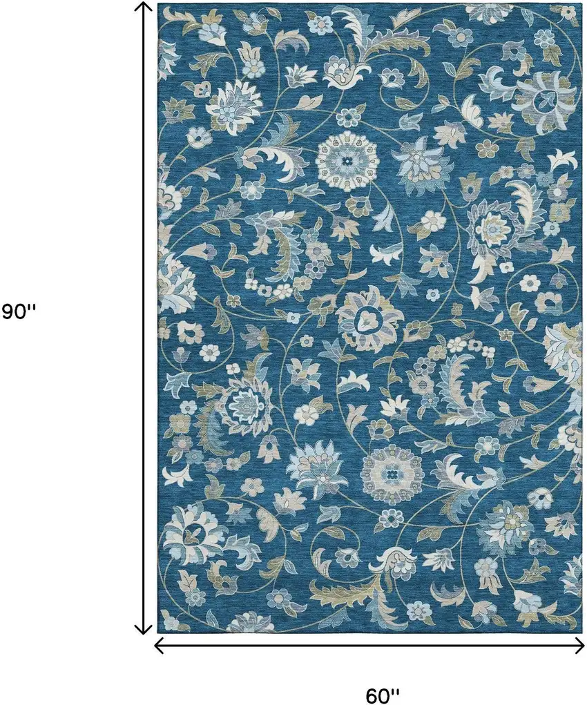 Navy Blue Ivory And Beige Floral Washable Area Rug With UV Protection Photo 7