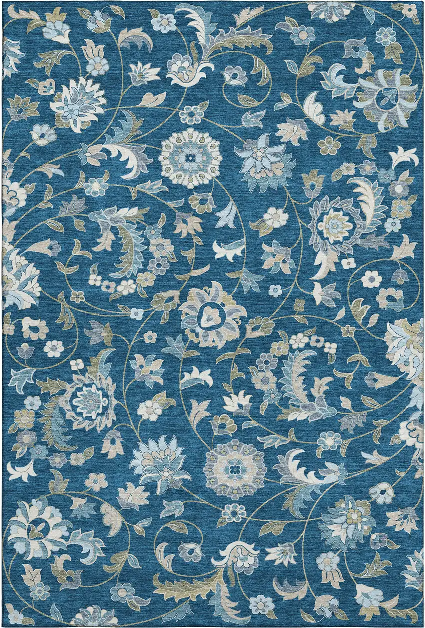 Navy Blue Ivory And Beige Floral Washable Area Rug With UV Protection Photo 1
