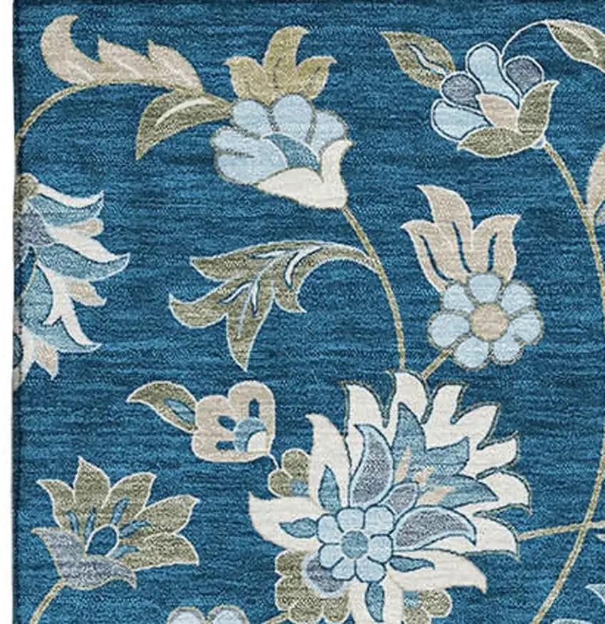 Navy Blue Ivory And Beige Floral Washable Area Rug With UV Protection Photo 3