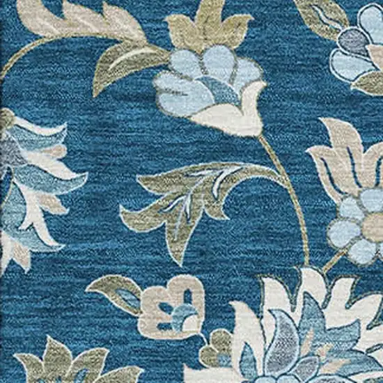 Navy Blue Ivory And Beige Floral Washable Area Rug With UV Protection Photo 2