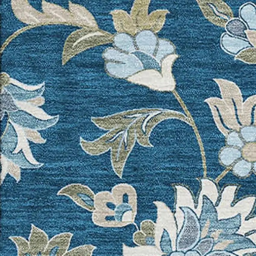 Navy Blue Ivory And Beige Floral Washable Area Rug With UV Protection Photo 2