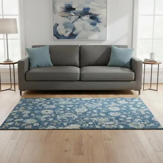 Navy Blue Ivory And Beige Floral Washable Area Rug With UV Protection Photo 2