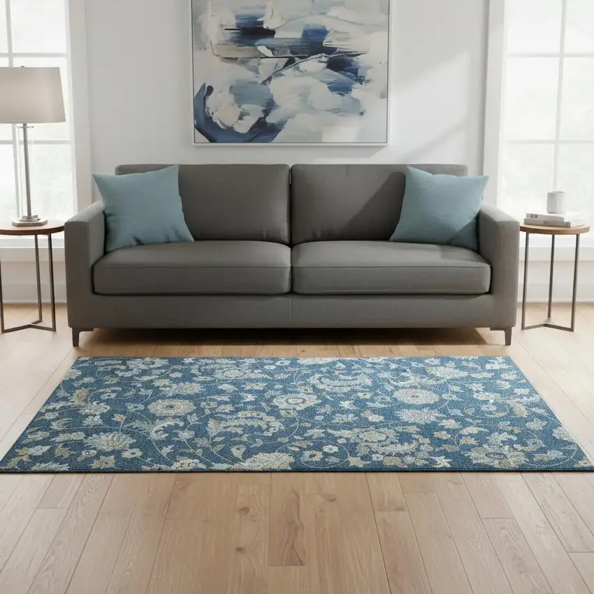 Navy Blue Ivory And Beige Floral Washable Area Rug With UV Protection Photo 2