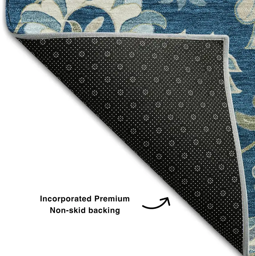 Navy Blue Ivory And Beige Floral Washable Area Rug With UV Protection Photo 6