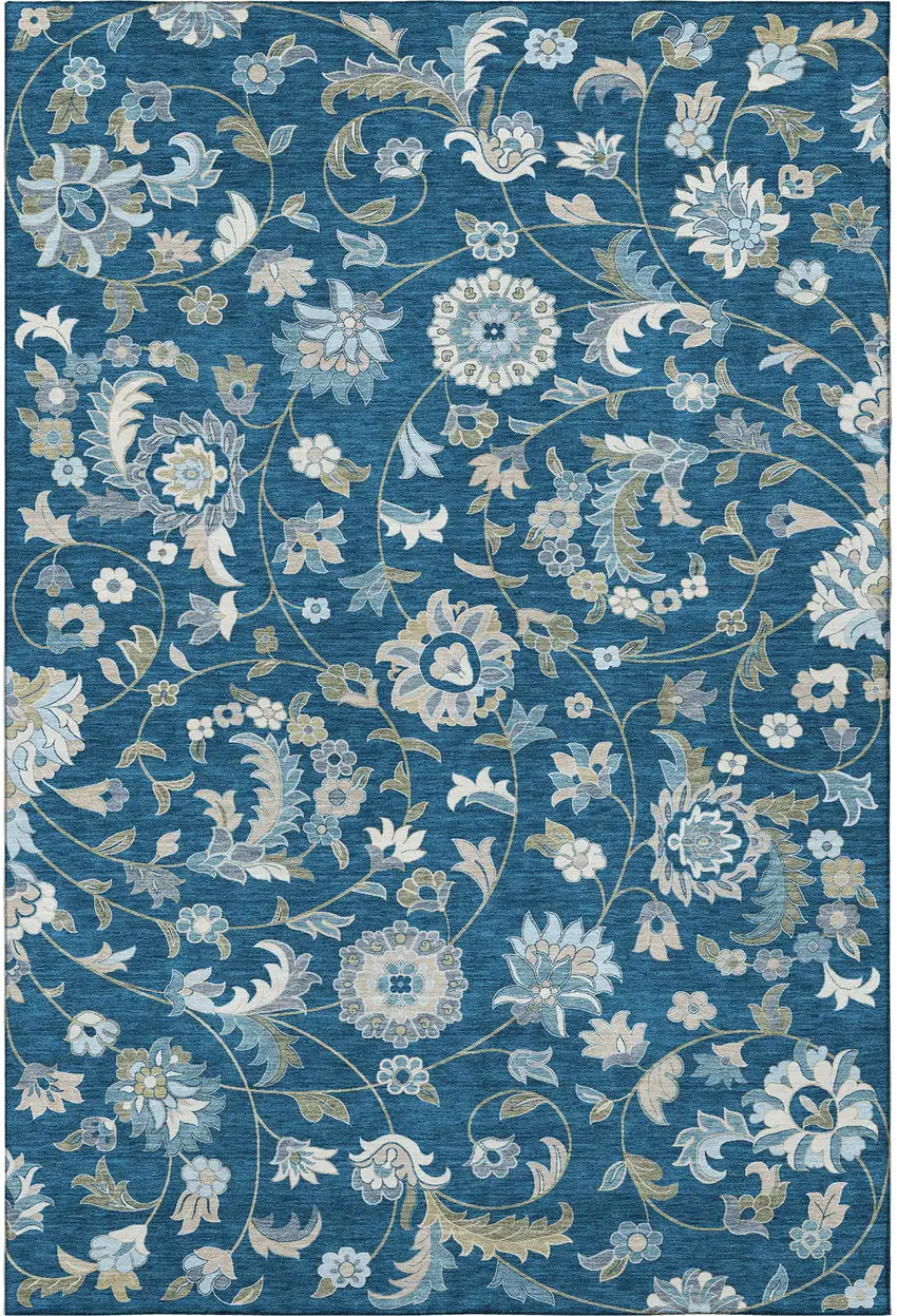 Navy Blue Ivory And Beige Floral Washable Area Rug With UV Protection Photo 3