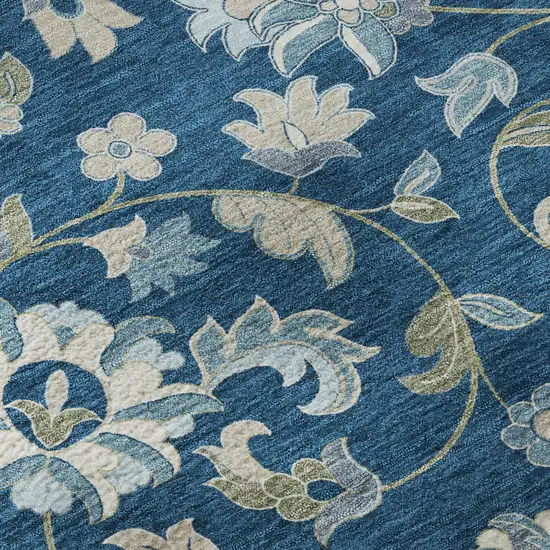 Navy Blue Ivory And Beige Floral Washable Area Rug With UV Protection Photo 9