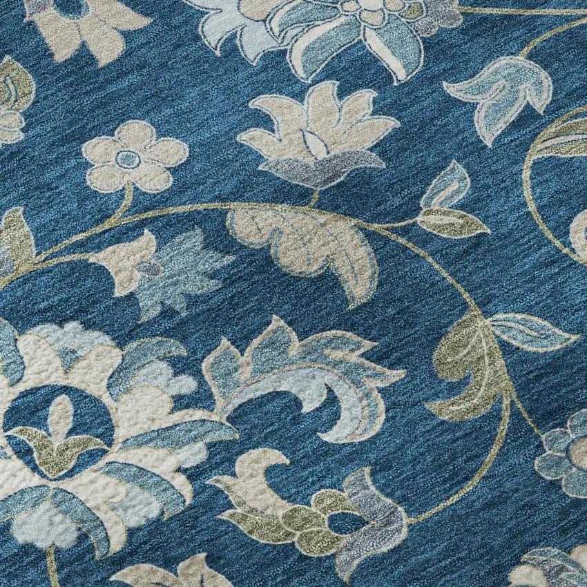 Navy Blue Ivory And Beige Floral Washable Area Rug With UV Protection Photo 9