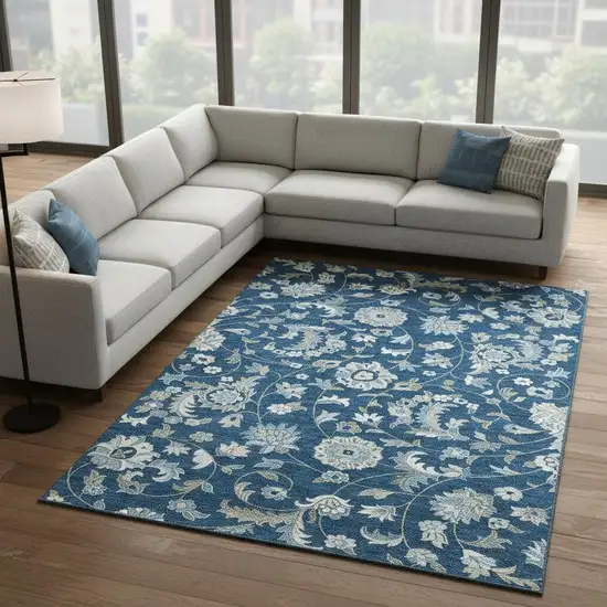 Navy Blue Ivory And Beige Floral Washable Area Rug With UV Protection Photo 2