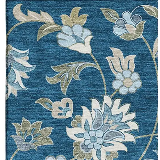 Navy Blue Ivory And Beige Floral Washable Area Rug With UV Protection Photo 2