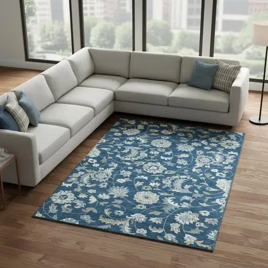 Navy Blue Ivory And Beige Floral Washable Area Rug With UV Protection Photo 2