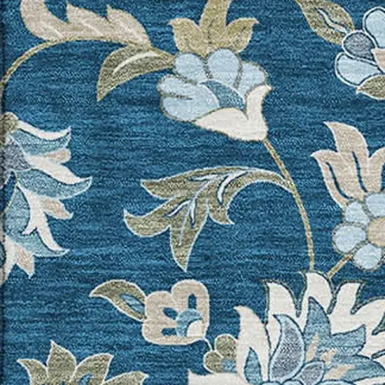 Navy Blue Ivory And Beige Floral Washable Area Rug With UV Protection Photo 2