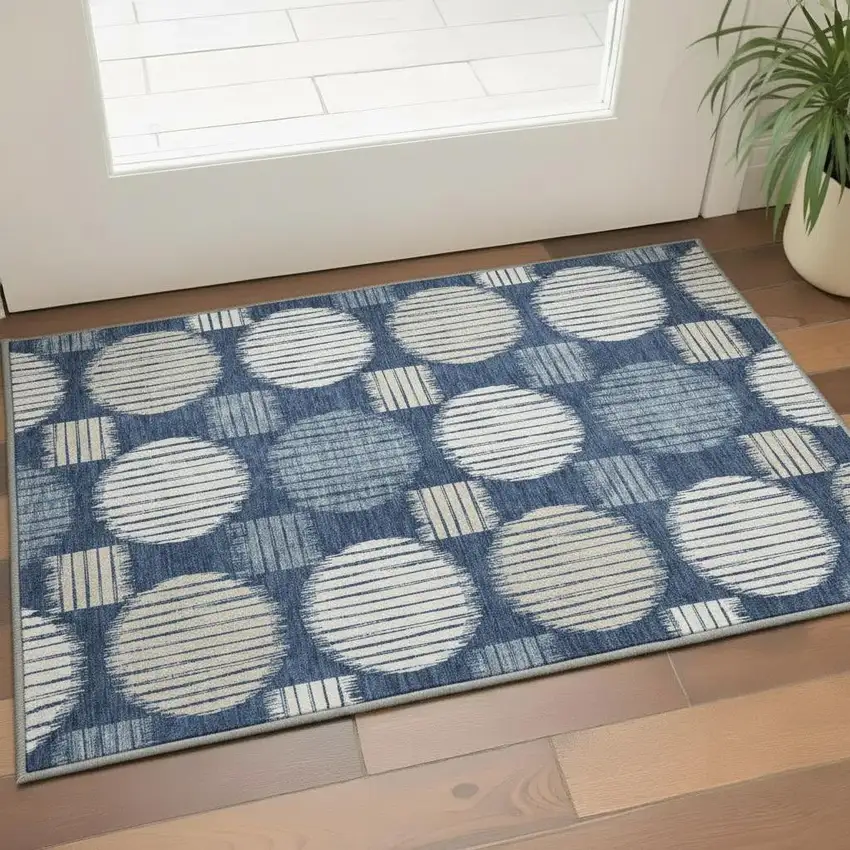 Navy Blue Ivory And Beige Geometric Washable Area Rug With UV Protection Photo 2