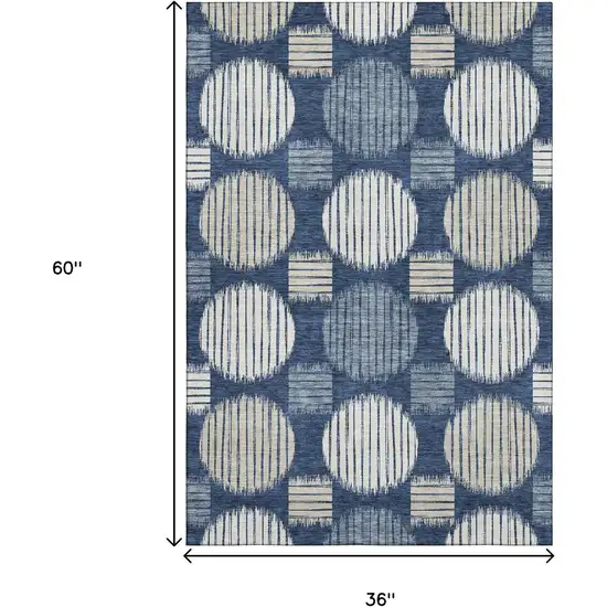 Navy Blue Ivory And Beige Geometric Washable Area Rug With UV Protection Photo 3