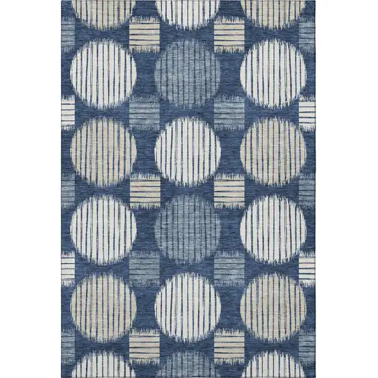 Navy Blue Ivory And Beige Geometric Washable Area Rug With UV Protection Photo 4