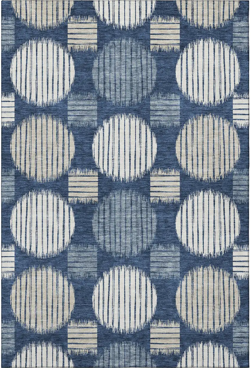 Navy Blue Ivory And Beige Geometric Washable Area Rug With UV Protection Photo 4