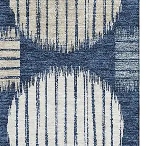 Photo of Navy Blue Ivory And Beige Geometric Washable Area Rug With UV Protection