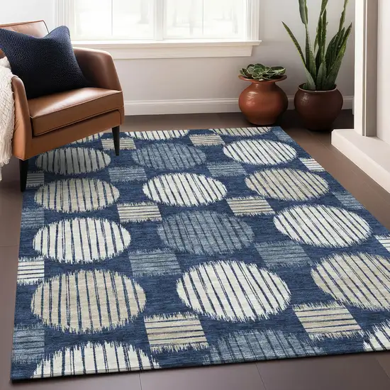 Navy Blue Ivory And Beige Geometric Washable Area Rug With UV Protection Photo 5
