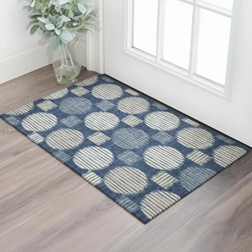 Navy Blue Ivory And Beige Geometric Washable Area Rug With UV Protection Photo 1