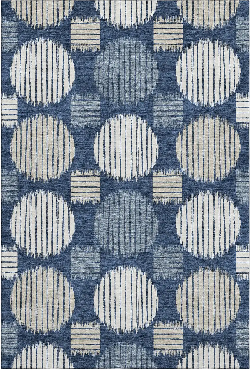 Navy Blue Ivory And Beige Geometric Washable Area Rug With UV Protection Photo 1