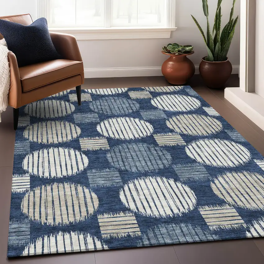 Navy Blue Ivory And Beige Geometric Washable Area Rug With UV Protection Photo 5