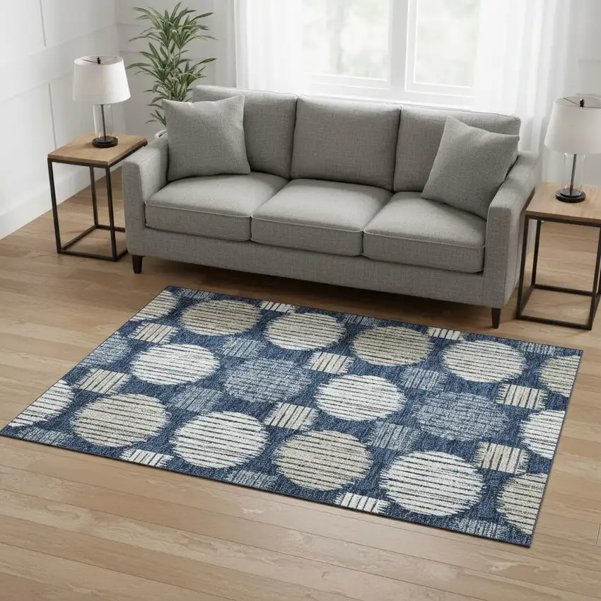 Navy Blue Ivory And Beige Geometric Washable Area Rug With UV Protection Photo 2