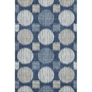 Photo of Navy Blue Ivory And Beige Geometric Washable Area Rug With UV Protection