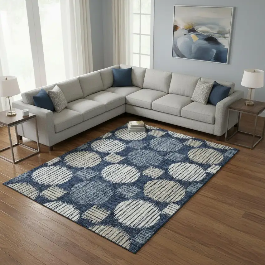 Navy Blue Ivory And Beige Geometric Washable Area Rug With UV Protection Photo 2